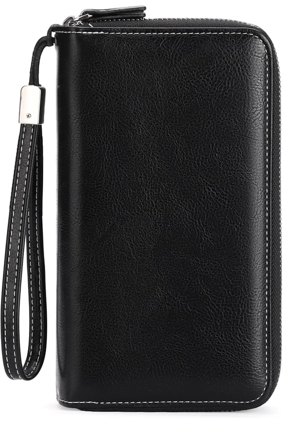 Womens Wallet Leather Bifold RFID Blocking Credit Card Case with Double Zipper Pockets and Wristlet Strap