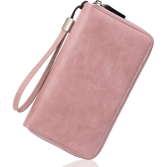 Womens Wallet Leather Bifold RFID Blocking Credit Card Case with Double Zipper Pockets and Wristlet Strap