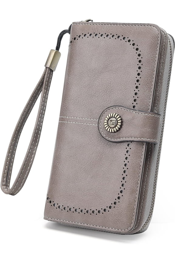 Wallets for Women Leather Credit Card Holder with RFID Blocking Large Capacity Wristlet , Gray