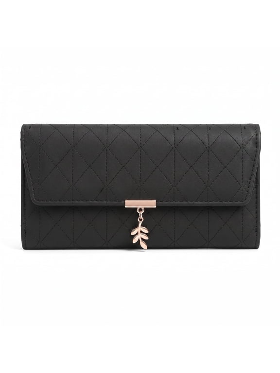 Women's RFID Trifold Wallet, Black Quilted Leather Clutch with Card Slots & Zipper Coin Pocket