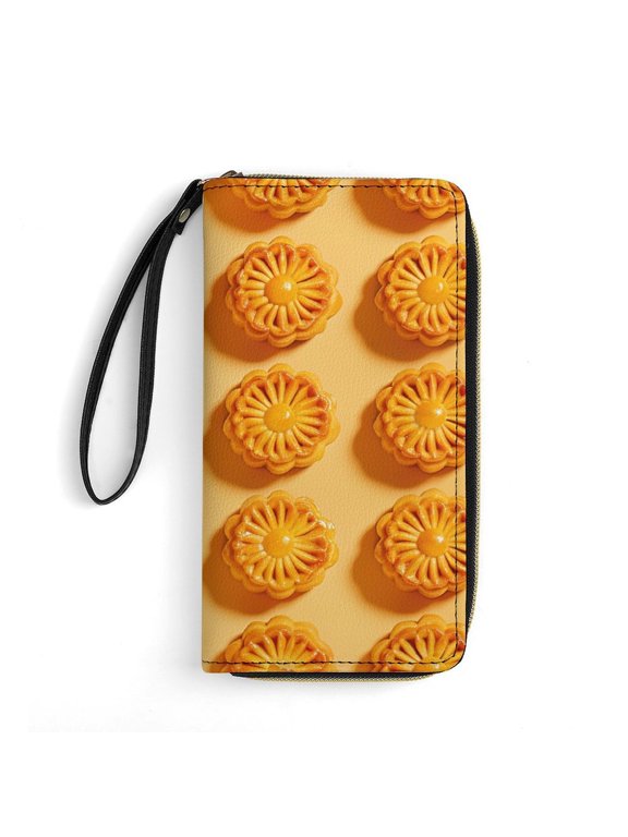 Womens Wallet Mens Clutch Bag Wristlet Wrist Strap Long Purse Moon Cake Design