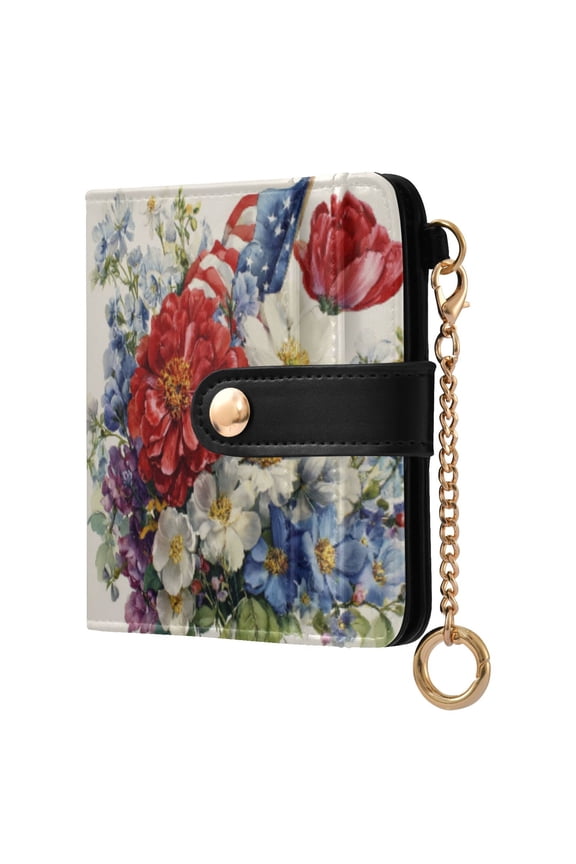 Womens Wallet PU Leather Bifold Small Purse with RFID Blocking Credit Card Holder Bouquet Of Flowers and National Flag