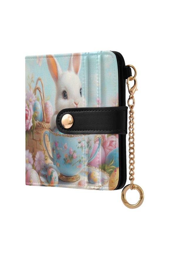 Womens Wallet PU Leather Bifold Small Purse with RFID Blocking Credit Card Holder Bunny and Easter Teacup