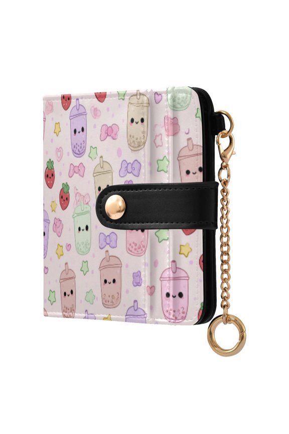 Womens Wallet PU Leather Bifold Small Purse with RFID Blocking Credit Card Holder Colorful Bubble Tea Pattern