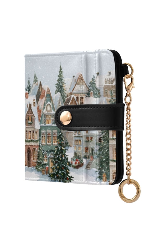Womens Wallet PU Leather Bifold Small Purse with RFID Blocking Credit Card Holder Cozy Winter Town with Snow