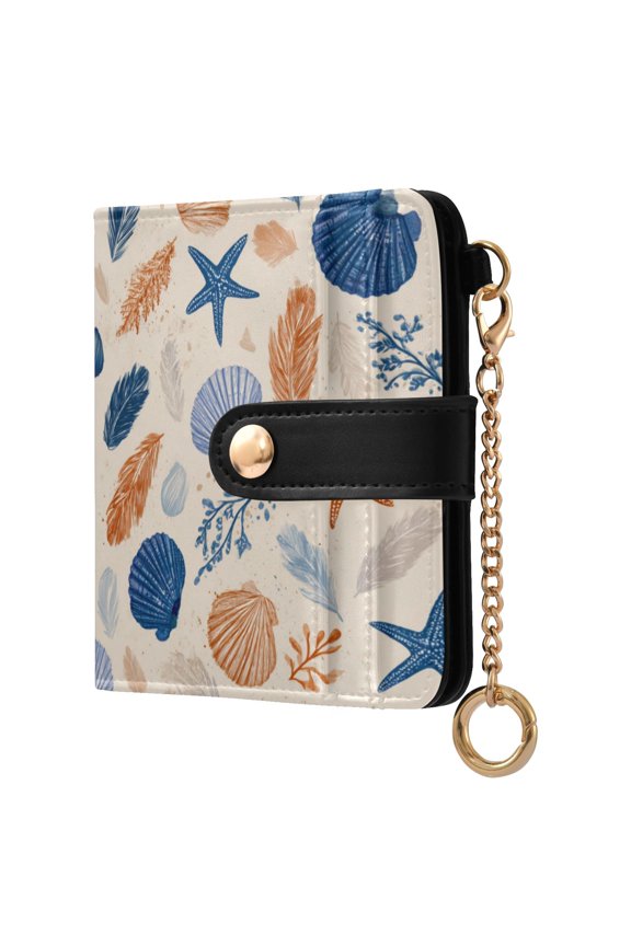 Womens Wallet PU Leather Bifold Small Purse with RFID Blocking Credit Card Holder Hand-drawn Shell Pattern