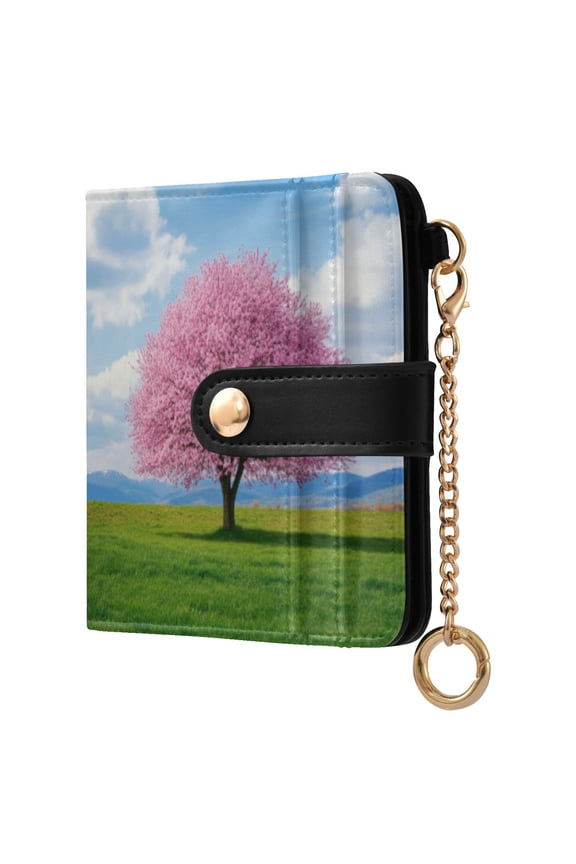 Womens Wallet PU Leather Bifold Small Purse with RFID Blocking Credit Card Holder Pink Cherry Blossom Tree