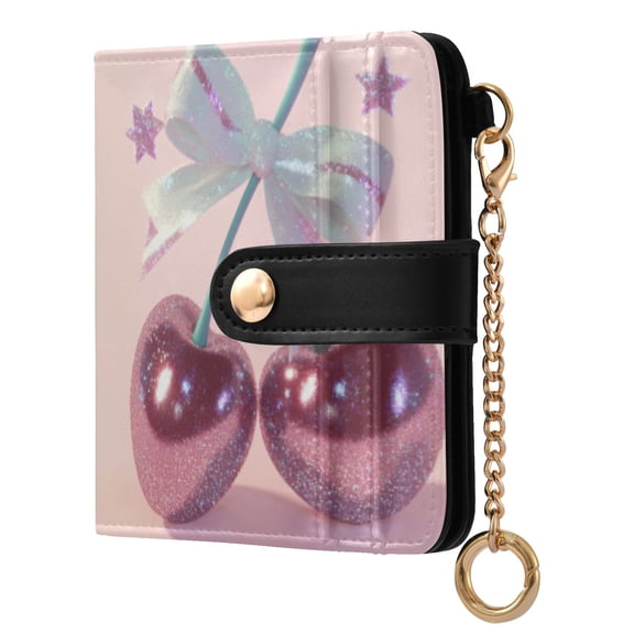 Womens Wallet PU Leather Bifold Small Purse with RFID Blocking Credit Card Holder Pink Large Cherries