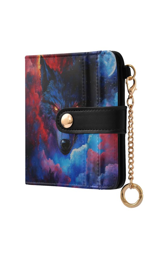 Womens Wallet PU Leather Bifold Small Purse with RFID Blocking Credit Card Holder Wolf Face and Moon
