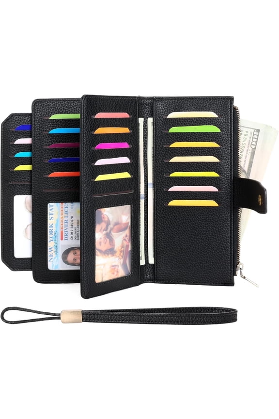 Womens Wallet RFID Blocking Large Capacity Vegan Leather Card Holder Wristlet Clutch with 32 Card Slots 4 ID Windows