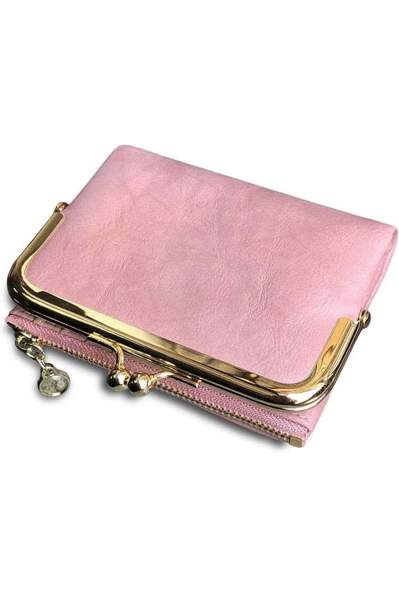 Womens Wallet RFID Small Compact Bifold Leather Vintage Wallet,Ladies Coin Purse with Zipper and Kiss Lock