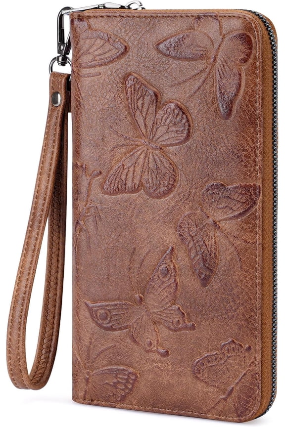 Womens Wallet RFID Wallet Women with Passport Holder Butterfly Vegan Leather Multi Card Slots Wallets Large Capacity Wristlet Travel Purse for Women (Brown)