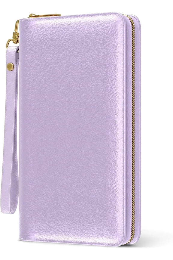 Womens Wallet, RFID Wristlet Wallet for Women, Cute Ladies Purse, Large Credit Card Clutch Purse, Leather Card Holder Wallets with Zipper & Phone Holder, Purple