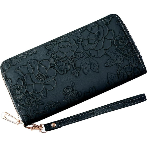 Womens Wallet RFID Wristlet Wallet for Women Cute Floral Leather Credit Card Holder Wallet Ladies Clutch Long Purses