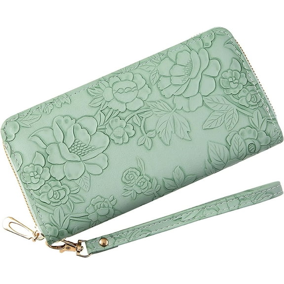 Womens Wallet RFID Wristlet Wallet for Women Cute Floral Leather Credit Card Holder Wallet Ladies Clutch Long Purses