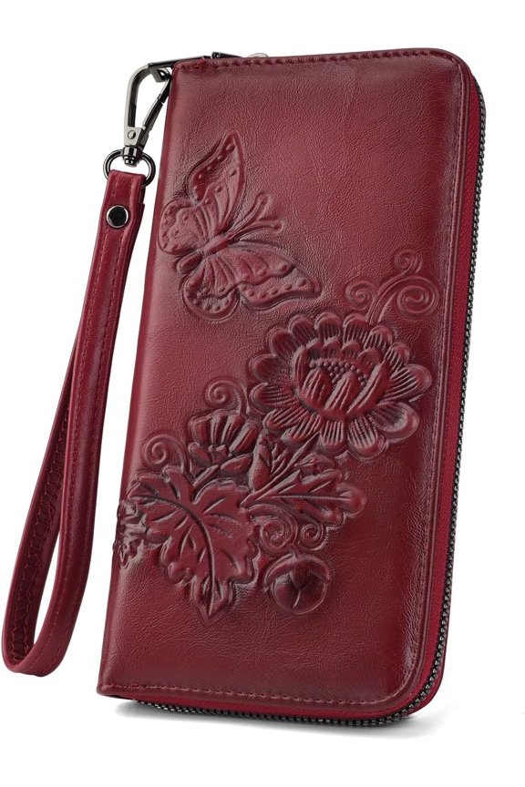 Womens Wallet Rfid Embossed Vegan Leather Multi Card Slots Wallets Large Capacity Wristlet Travel Purse for Women