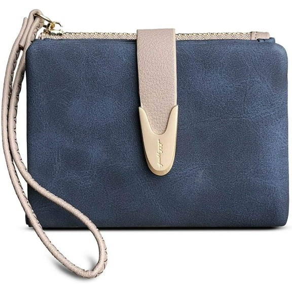 Womens Wallet Rfid Small Bifold Wallet,Ladies Zipper Card Cluth Coin Purse Wristlet (Navy)