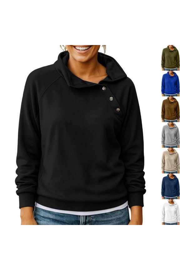 Womens Warm Fleece Long Sleeve Athletic Sweatshirt Mock Neck Wrap Button Side Raglan Pullover Tops for Winter Cozy Lounge Workout Athleisure, Black, L
