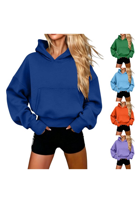 Womens Warm Fleece Long Sleeve Cropped Hoodie Oversized Pullover Sweatshirt Banded Bottom Kangaroo Pocket Cozy Streetwear Daily Lounge, Blue, S