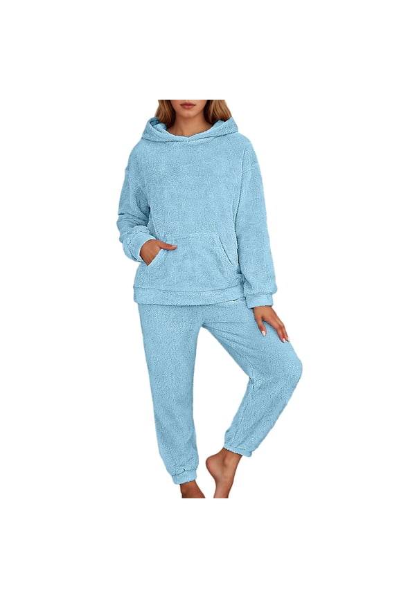 Womens Warm Pajamas Set, Soft Fuzzy Long Sleeve Pajama Pants Two Piece Outfits Loungewear