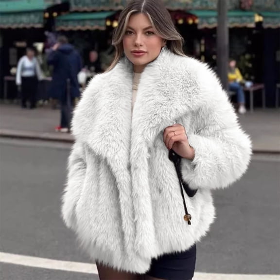 Womens Warm Fluffy Short Faux Fur Jacket Long Sleeve Lapel Open Front Winter Coat