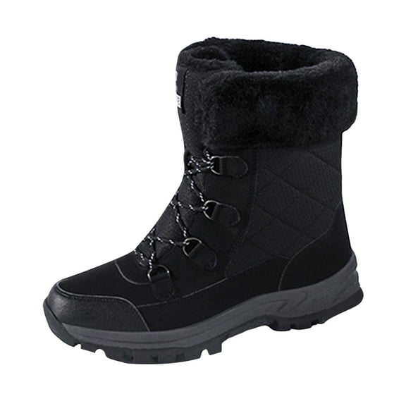 Womens Warm Furry Lined Mid Calf Boots Waterproof Winter Snow Boots Non Slip Lace Up Wide Width Combat Boots Black 6.5