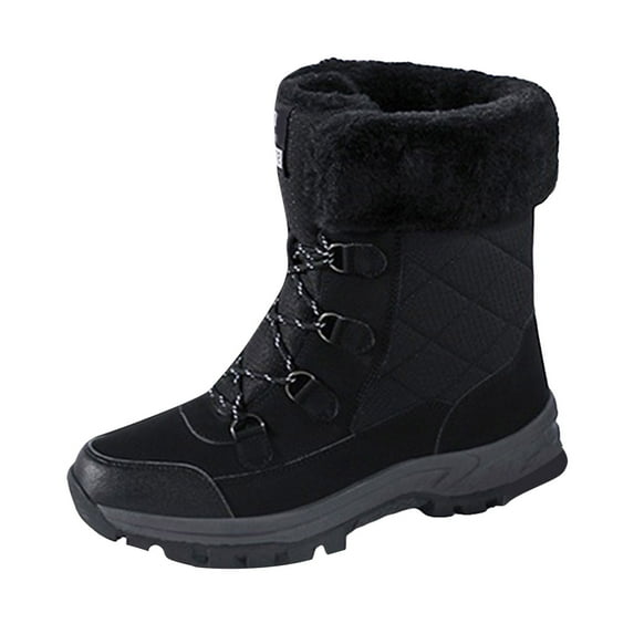 Womens Warm Furry Lined Mid Calf Boots Waterproof Winter Snow Boots Non Slip Lace Up Wide Width Combat Boots Black 7.5