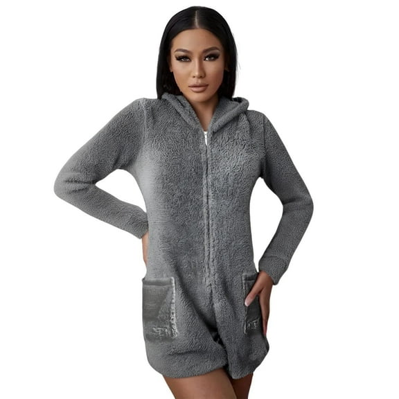 Womens Warm Fuzzy Fleece Hooded Romper Sherpa Short Playsuit Jumpsuit Cute Bear Onesie Sleepwear Zip Rompers