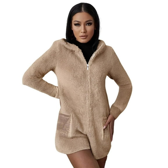 Womens Warm Fuzzy Fleece Hooded Romper Sherpa Short Playsuit Jumpsuit Cute Bear Onesie Sleepwear Zip Rompers