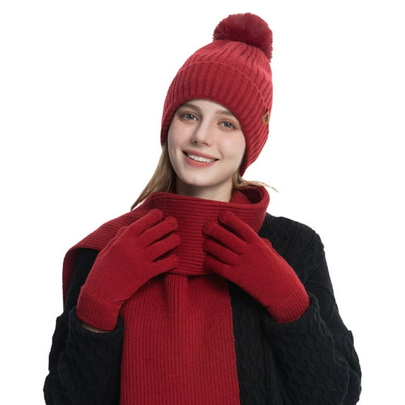 Womens Warm Hat Scarf Gloves Sets 3 PCS Fleece Lined Winter Beanies with Pom Pom Long Neck Scarfs Cold Weather Red