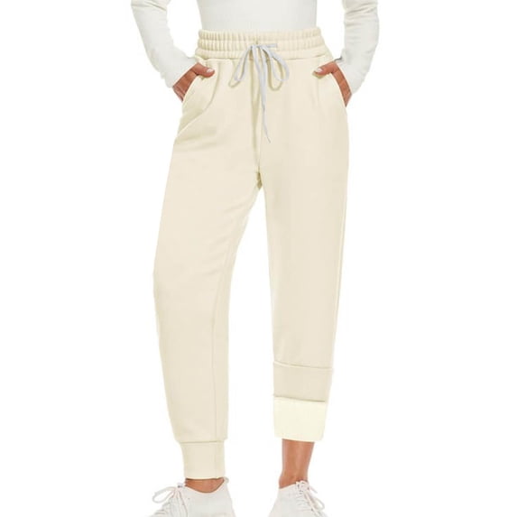 Womens Warm Lined Drawstring Sweatpants, Winter Loose Elastic Waist Pants, Casual Workout Jogger with Pockets
