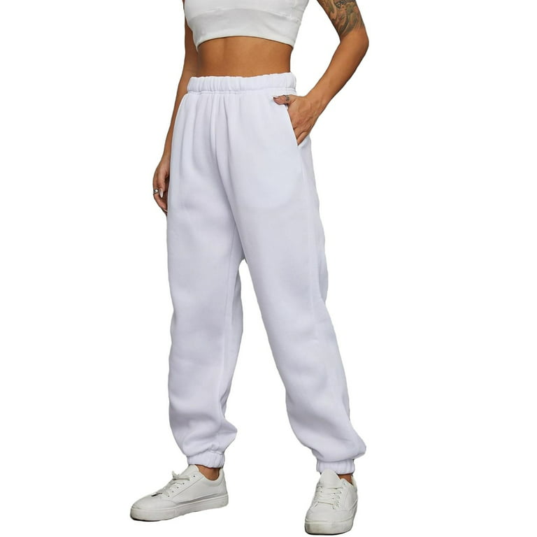 Womens Warm Lined Sweatpants Elastic Waist Slight Stretch Joggers White XS