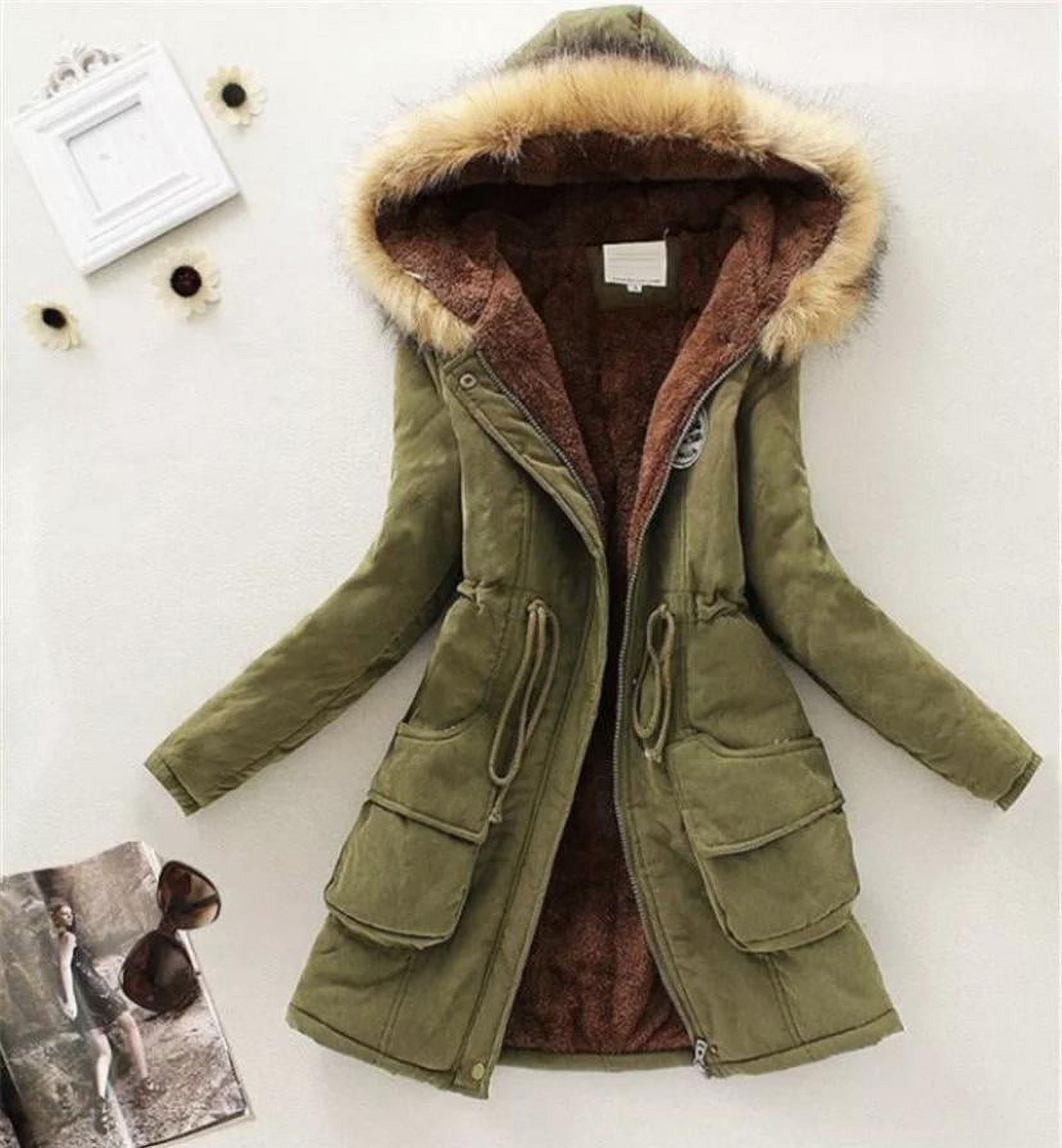 Womens Warm Long Coat Fur Collar Hooded Jacket Slim Winter Parka Outwear Coats with pockets light weight comfortable warm - image 1 of 7