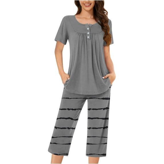 Womens Warm Pajamas New Womens Casual Capris Pajama Sets 2 Piece Soft Sleepwear Short Sleeve Tops and Capris Pants Plaid Loungewear Pjs Set Outfits Sets for Women Summer New Gray XXL