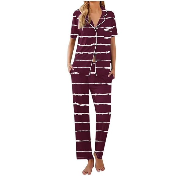 Womens Warm Pajamas New Womens Fashion Pajamas Set Striped Pjs Soft Button down Sleepwear Short Sleeve Nightwear with Stripe Long Pants Sets for Women Summer Wine L