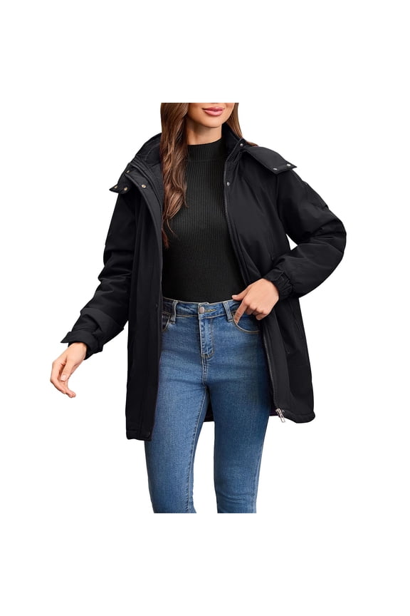 Womens Warm Parka Jackets Winter Quilted Fleece Lined Waterproof Trench Coats Windbreaker Zipper Hooded Jackets Outwear Black, 2XL