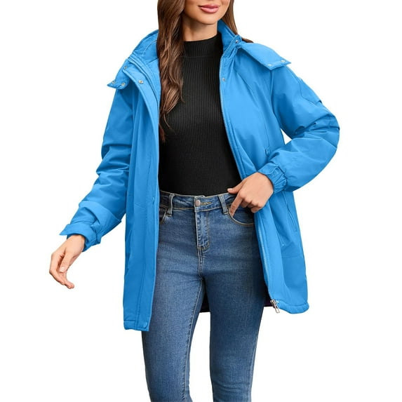 Womens Warm Parka Jackets Winter Quilted Fleece Lined Waterproof Trench Coats Windbreaker Zipper Hooded Jackets Outwear Blue, 2XL