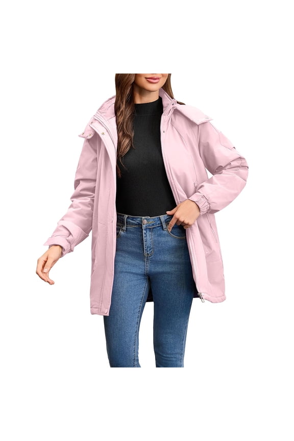 Womens Warm Parka Jackets Winter Quilted Fleece Lined Waterproof Trench Coats Windbreaker Zipper Hooded Jackets Outwear Pink, 2XL