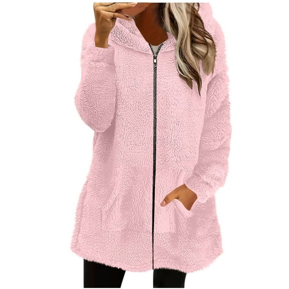 Womens Warm Sherpa Jacket, Full Zip Up Jacket for Women Fall Winter Comfy Fleece Fuzzy Logn Sleeve Hoodies Coats with Pockets