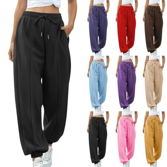 Womens Warm Sweatpants Cotton Trousers Straight Wide Leg Drawstring Elastic Waist Pants Ladies Casual Baggy Trousers Joggers Pink L