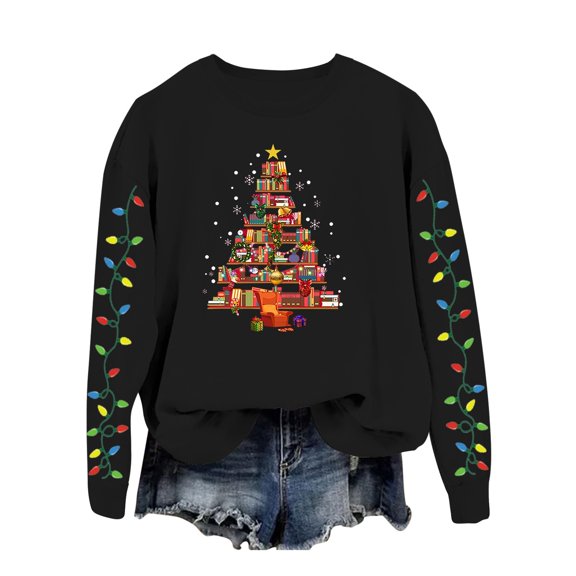 Womens Warm Sweatshirts Crew Neck Tree Printed Fashion Long Sleeve Winter Clothing for Women,Black,L