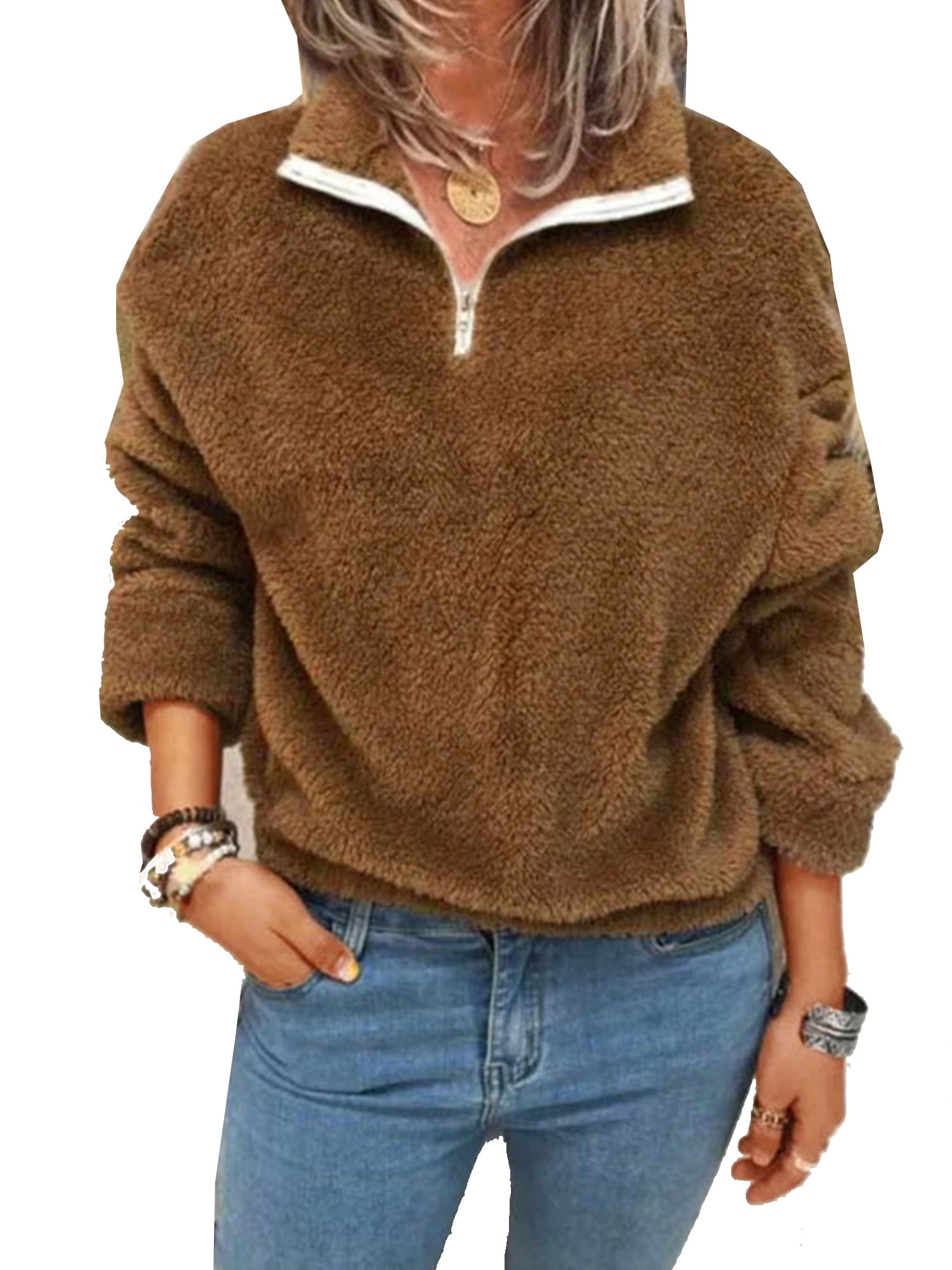 Womens Warm Thermal Fleece Fuzzy 1/4 Zip Up Lapel Fluffy Plush Sweatshirt  Pullover Jumper Tops - Walmart.com