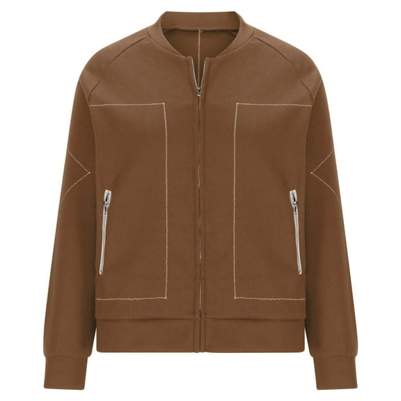 Womens Warm Up Jackets Full Zip Long Sleeve Crew Neck Jacket with Pockets Fall Casual Loose Solid Color Bomber Coat (Brown M)