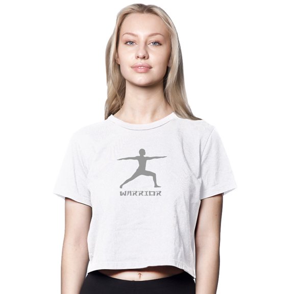 Womens Warrior Pose American-Made Cute Cropped Yoga Tee Shirt, Extra Small White