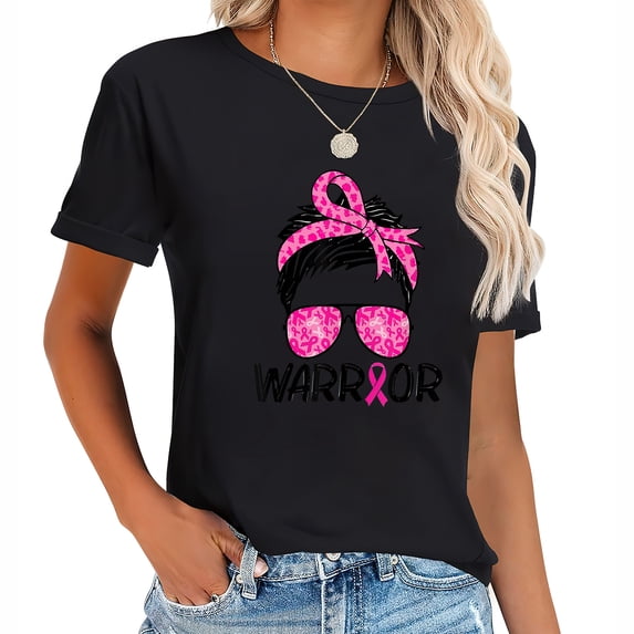 Womens Warrior Short Hair Sunglasses Pink Ribbon Breast Cancer T Shirt Black 2X-Large