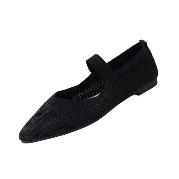 Womens Washable Mesh Mary Jane Flats - Breathable Slip-on Pointed Toe, Cushioned Arch Support Insole, Non-slip Outsole for Work - Black,Size 6