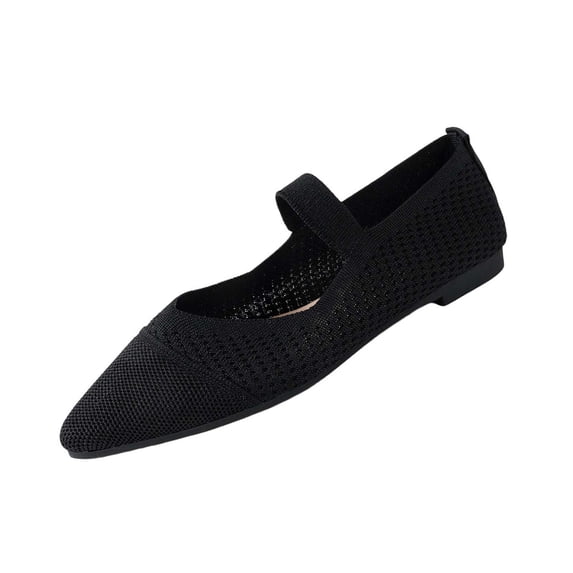 Womens Washable Mesh Mary Jane Flats - Breathable Slip-on Pointed Toe, Cushioned Arch Support Insole, Non-slip Outsole for Work - Black,Size 7