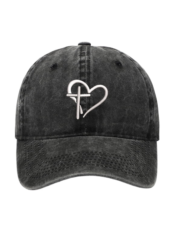 Womens Washed Baseball Cap Heart Cross Print Sun Hat Outdoor UV Protection Dad Hat Visor One Size