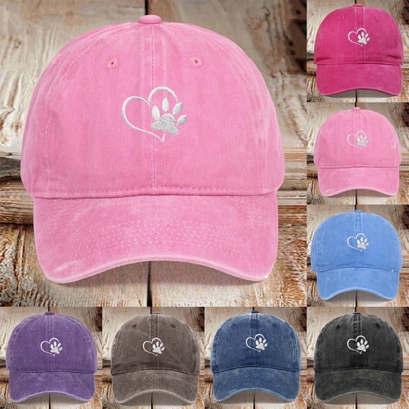 Womens Washed Baseball Cap Heart Dog Paw Print Sun Hat Outdoor Visor Cap Hot Pink