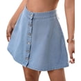 thumbnail image 1 of Womens Washed Denim Button Front Short Flared Skirt A Line Mini Skirt Casual High Waist Light Blue S, 1 of 10